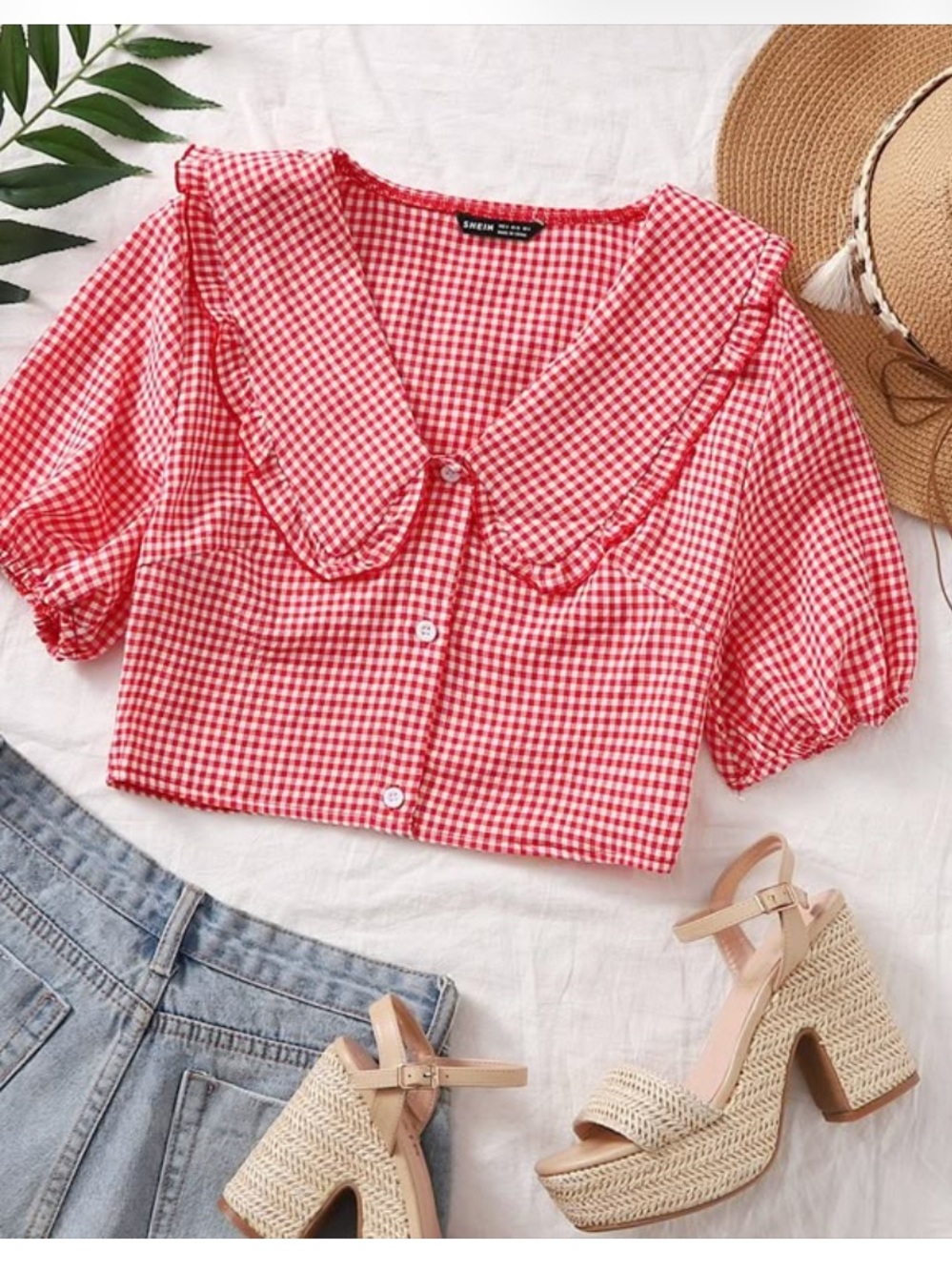 Red Gingham Peter Pan Collar Button Front Crop Top